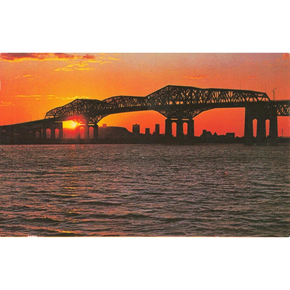 Vintage Montreal Quebec Canada Sunset on Champlain Bridge Postcard Plastichrome